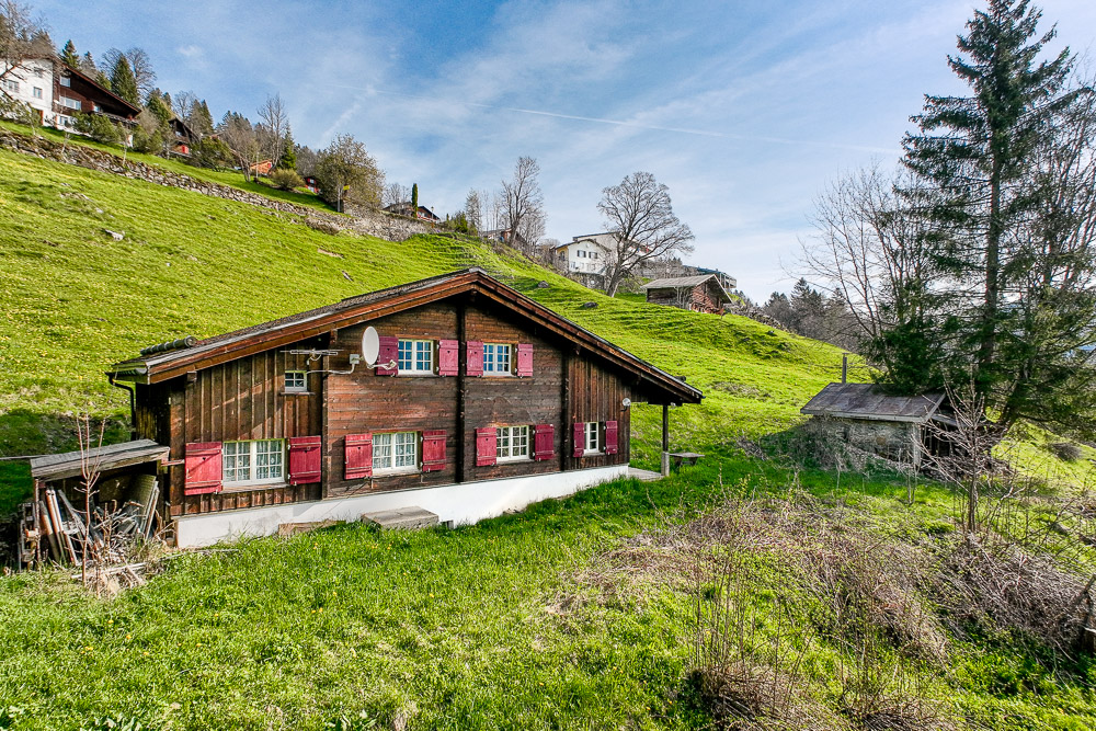 Berghaus mit grünen Hängen