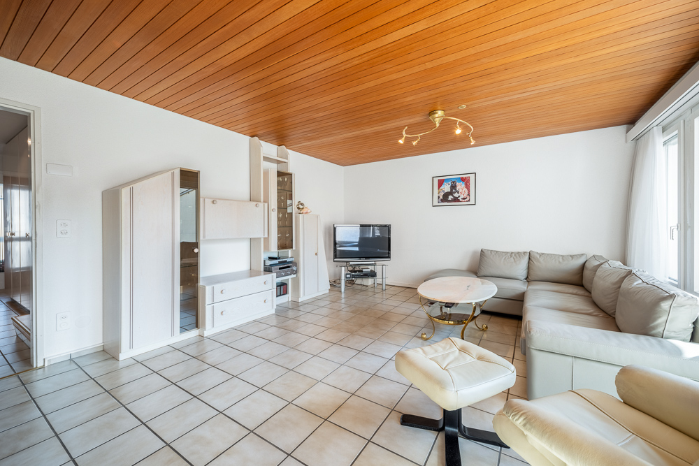 Wohnzimmer mit Ecksofa und Holzdecke