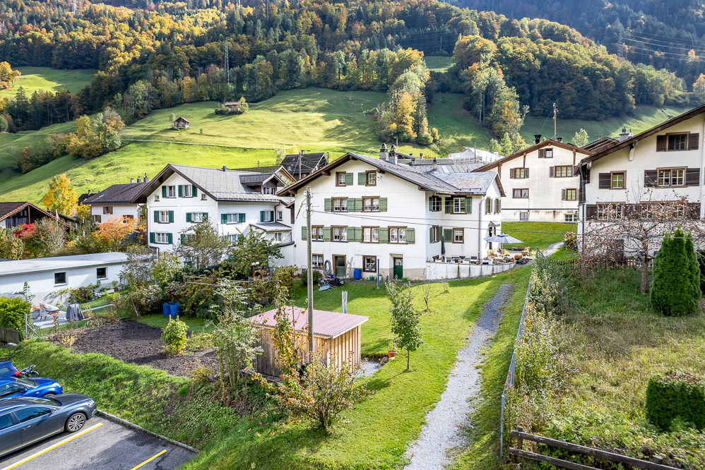 Dorf-/Hofansicht in alpiner Landschaft