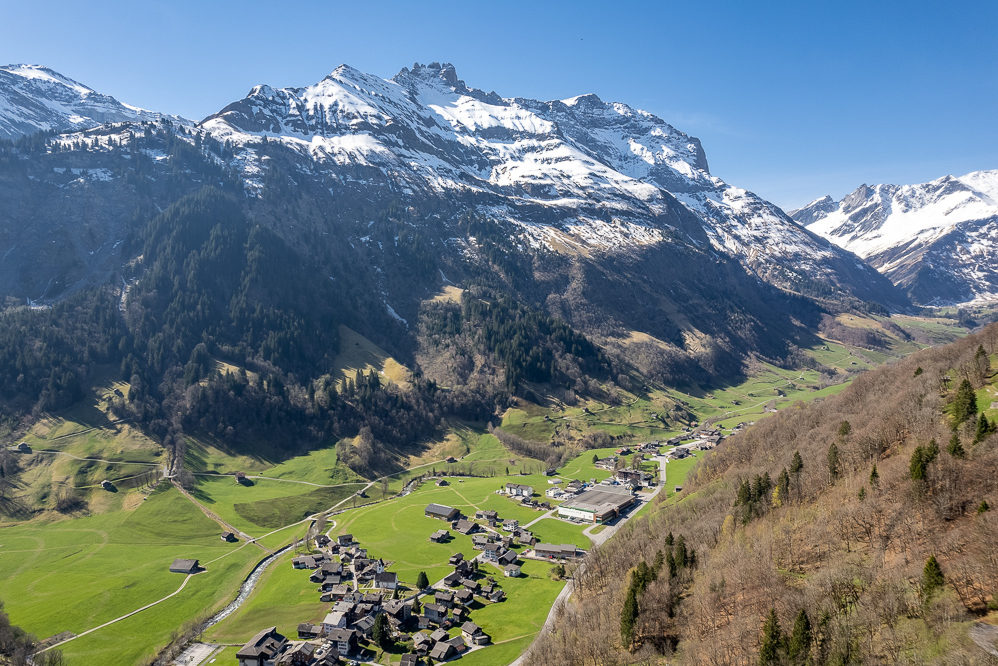 Bergtal mit Gletschern und Siedlung