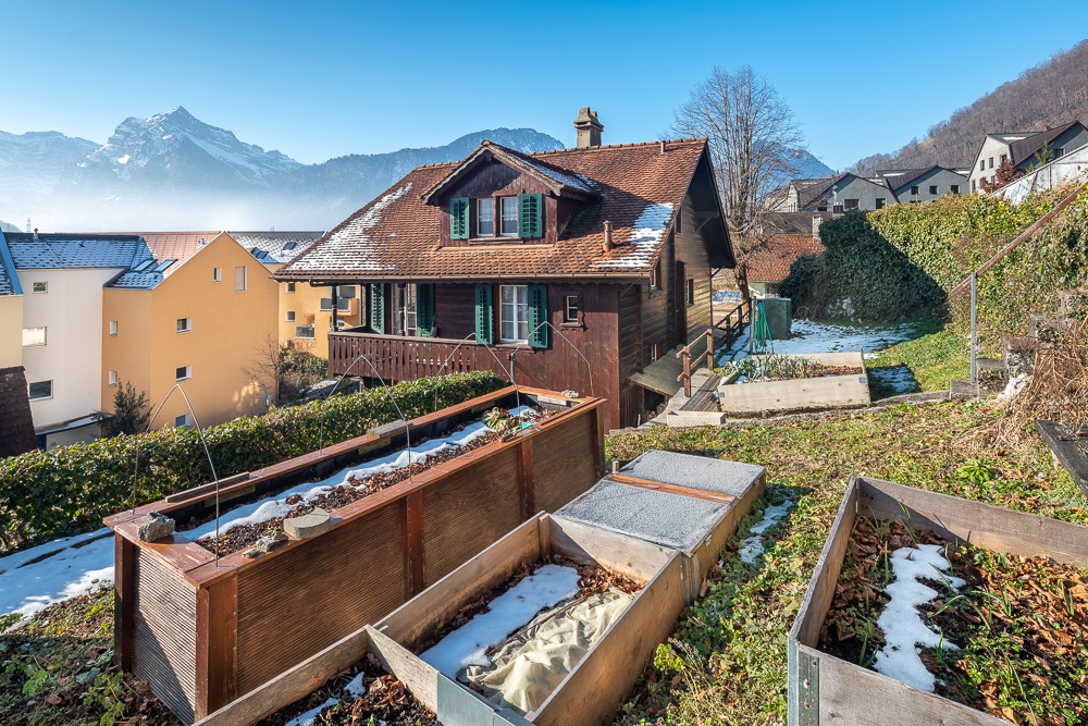 Bergblick mit Garten und Chalet
