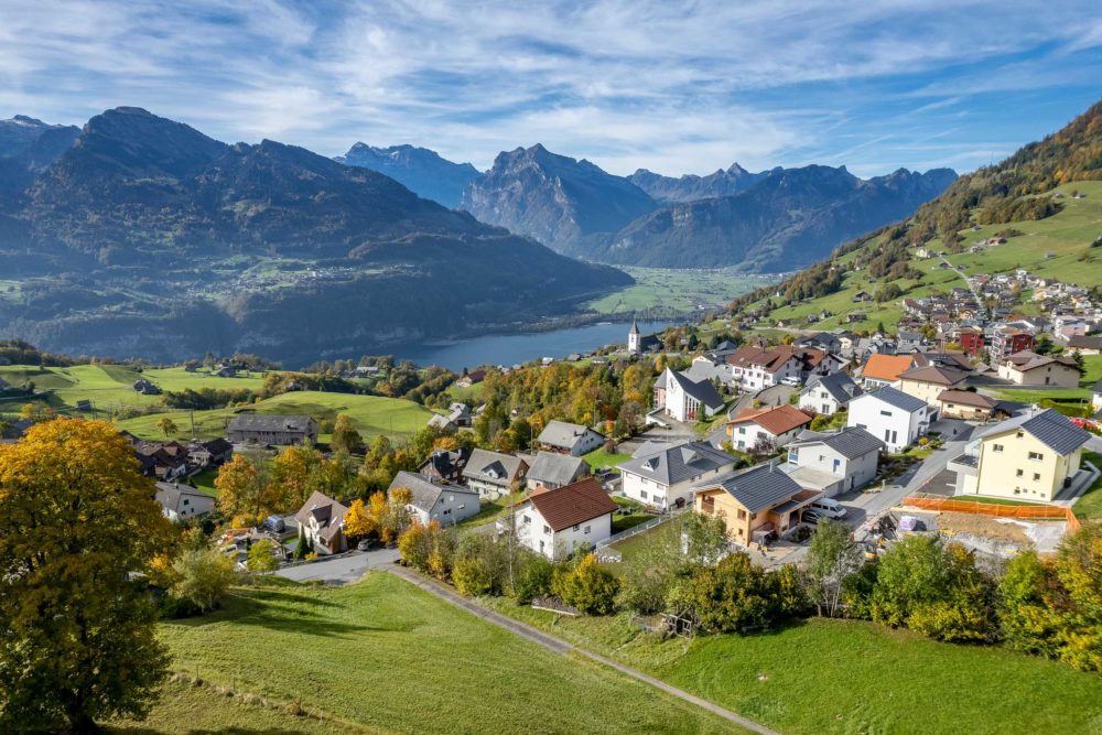 Alpines Dorf- und Bergpanorama