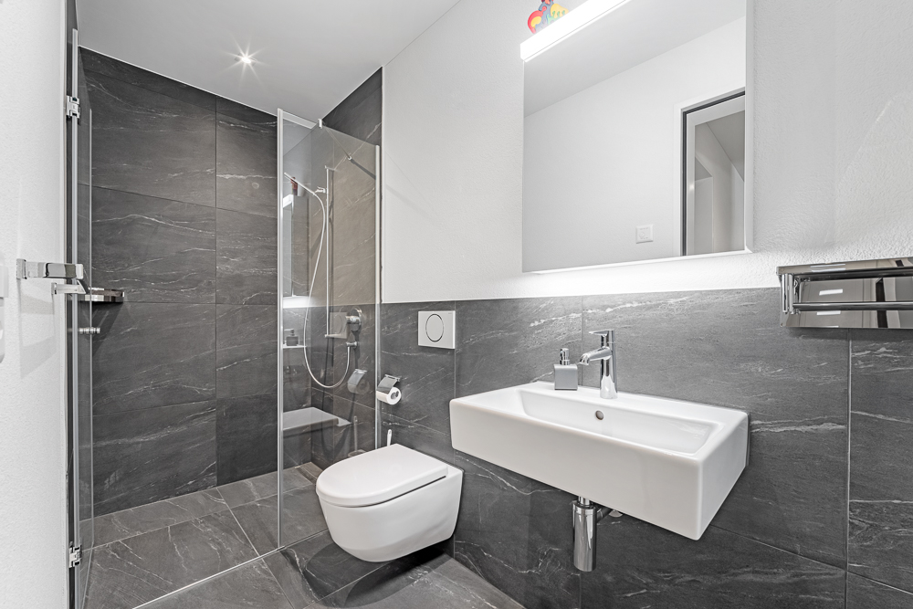 Modernes Badezimmer mit Dusche und wandhängendem WC