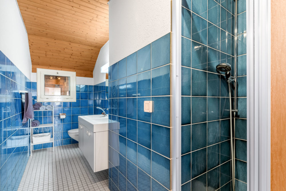 Badezimmer mit blauen Fliesen und Holzdecke
