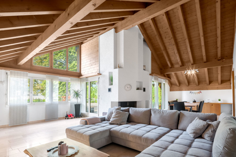 Offener Wohnraum mit Holzsichtdach und Kamin