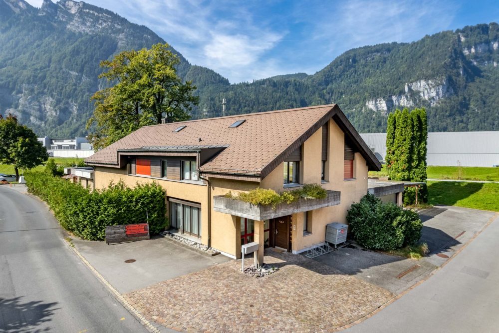 Bergblick auf ein Einfamilienhaus mit Satteldach