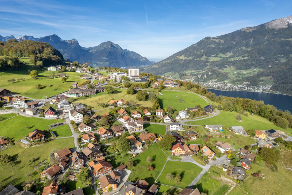 Luftaufnahme einer Alpenlandschaft mit See und Ortschaft