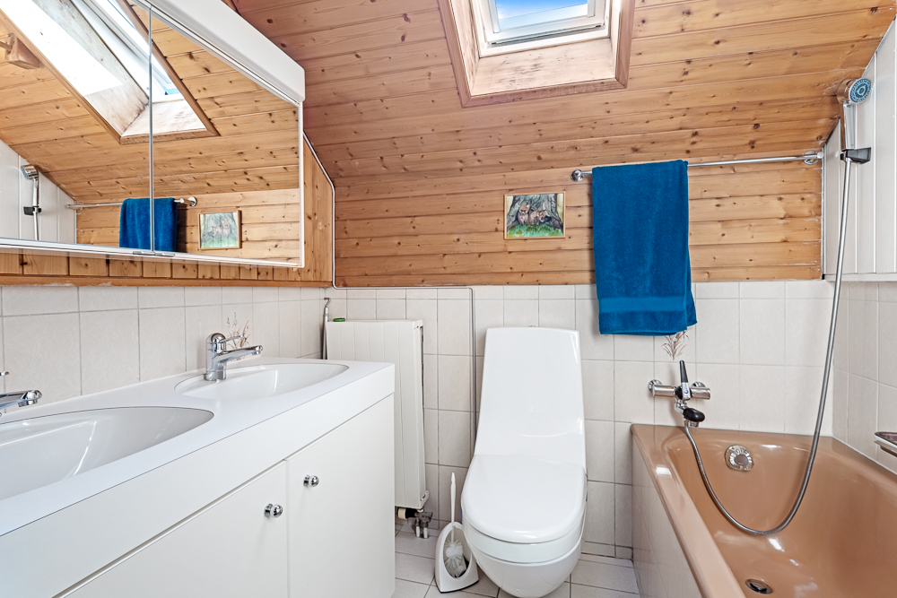 Badezimmer mit Holzdecke und Dachfenster