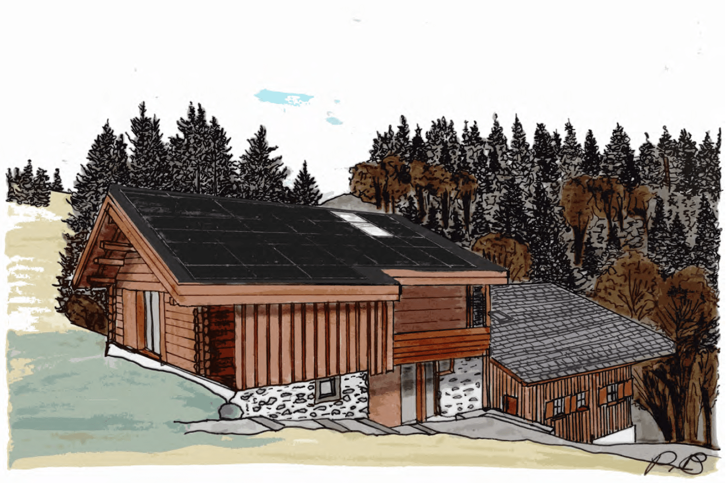 Holzhaus mit Solardach in Waldlage