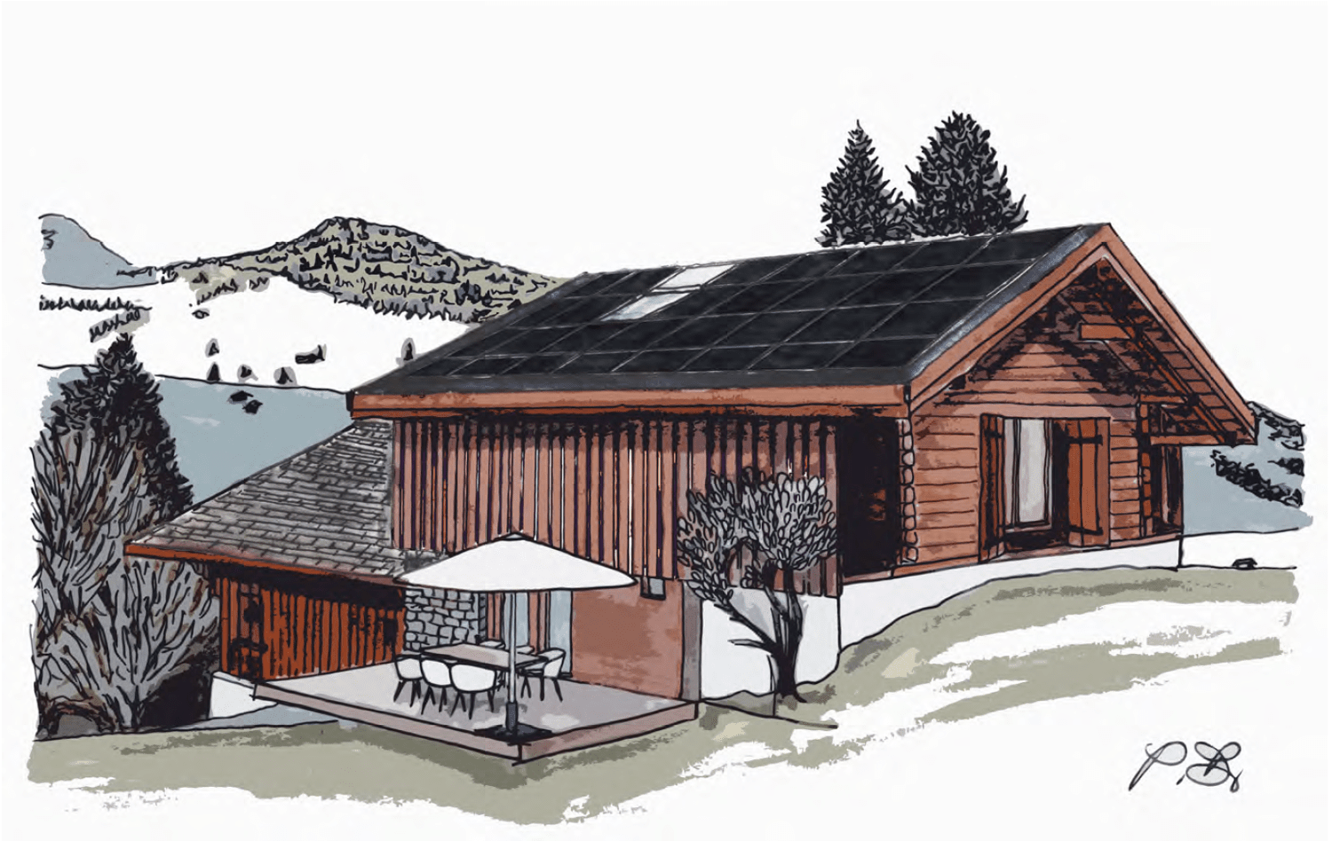 Moderne Holzhaus-Illustration mit Solardach und Seeblick