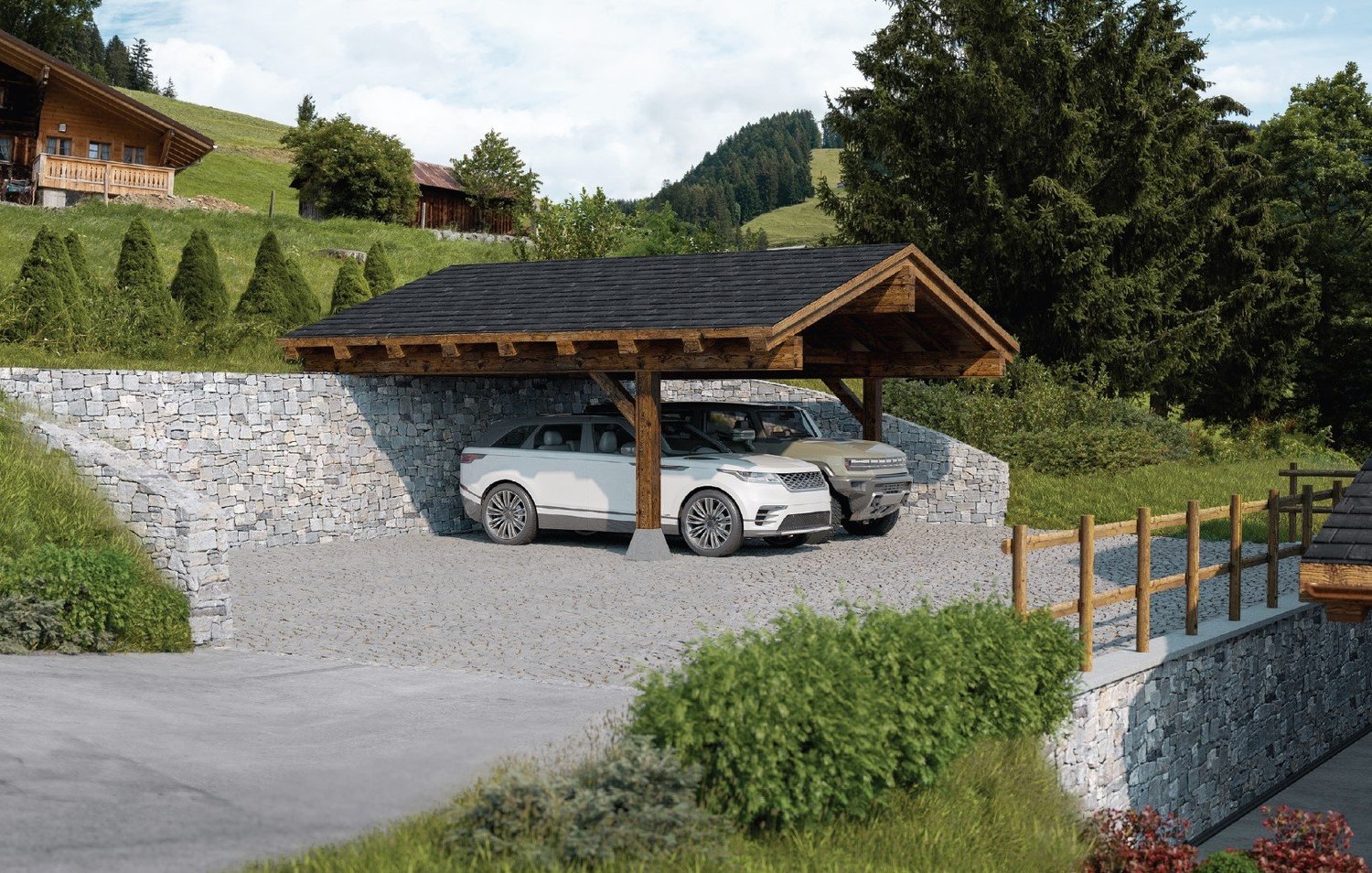 Alpiner Carport mit Fahrzeugen