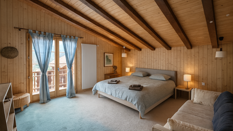 Gemütliches Schlafzimmer mit Holzdecke