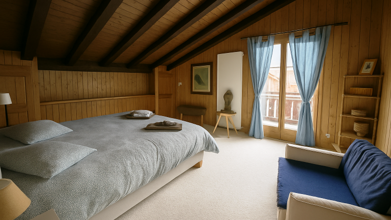 Dachgeschoss-Schlafzimmer mit Holzvertäfelung