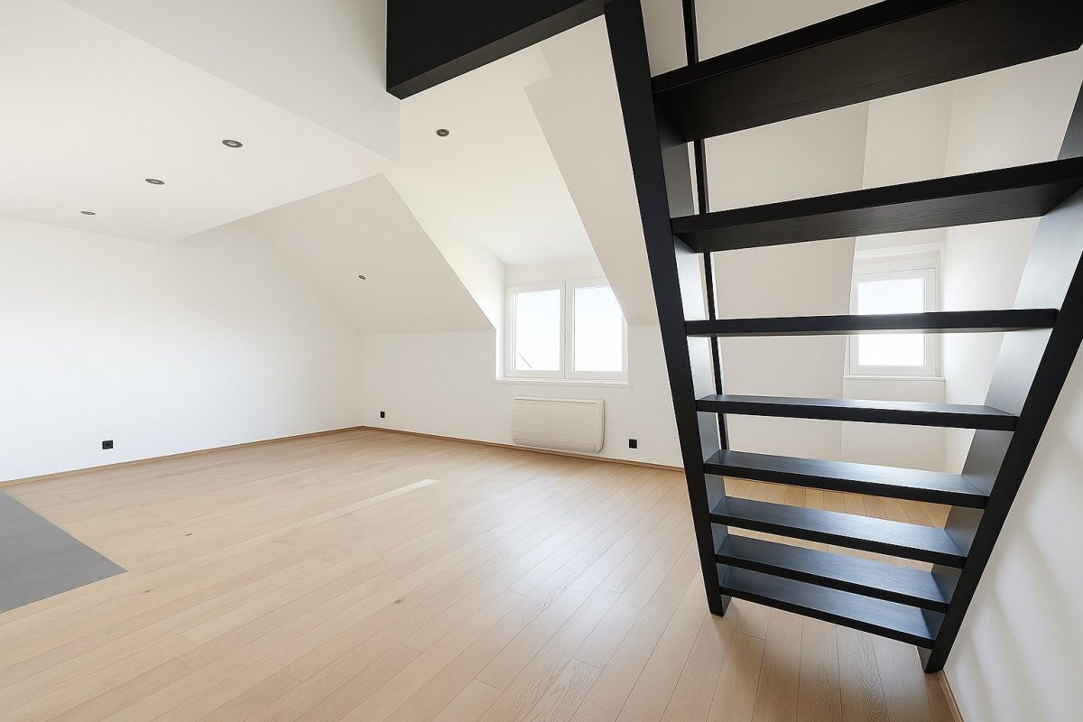 Heller Dachgeschossraum mit schwarzer Treppe
