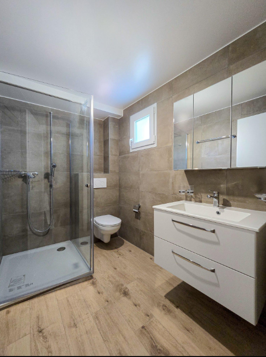 Modernes Badezimmer mit Dusche, WC und Waschtisch