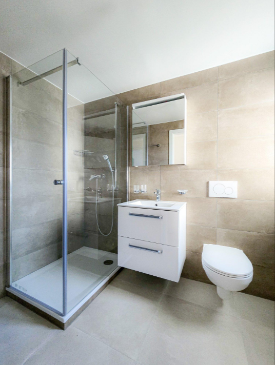 Modernes Badezimmer mit Walk-in-Dusche und wandhängendem WC