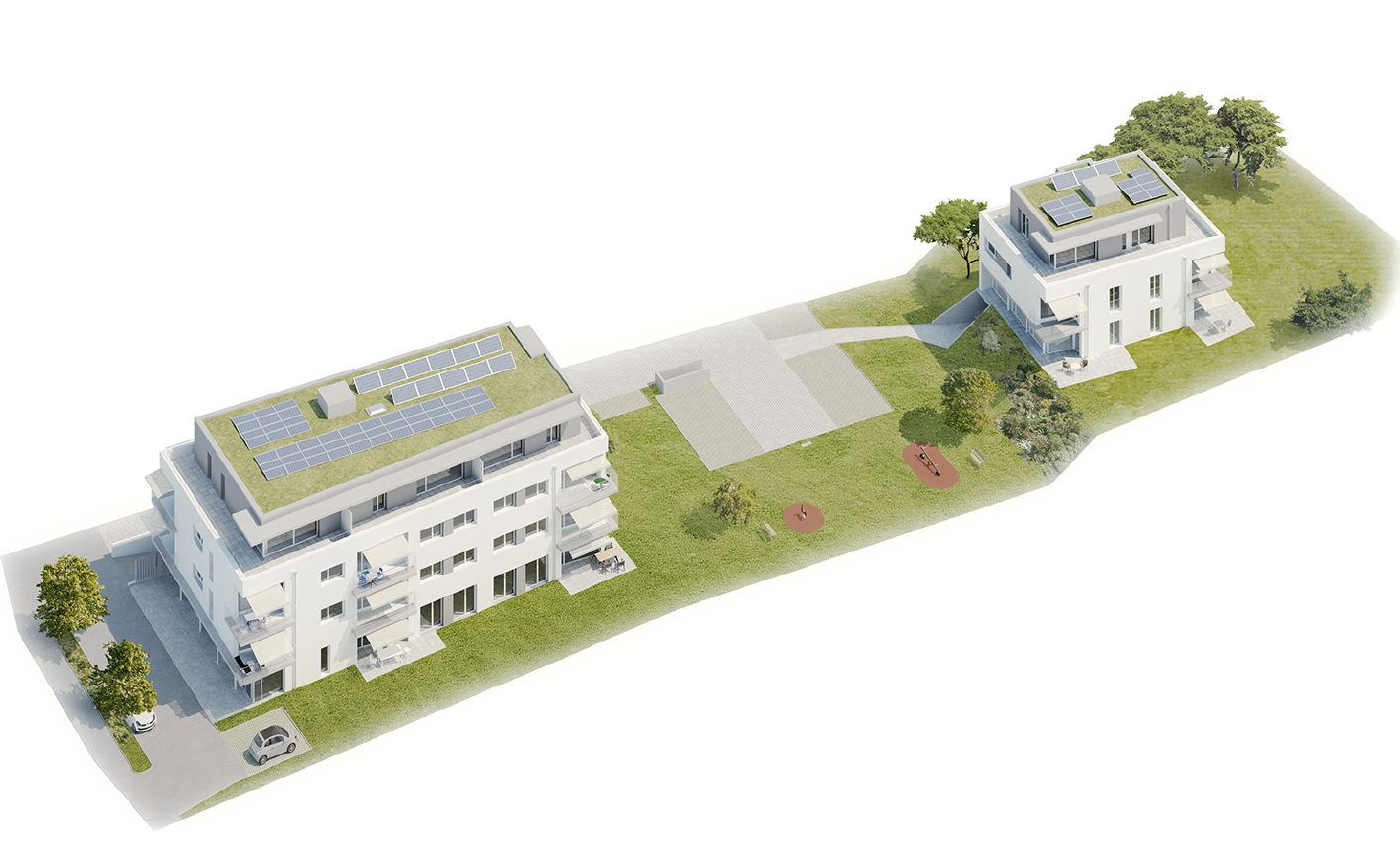 Moderne Wohnanlage mit Gründach und Solarpaneelen