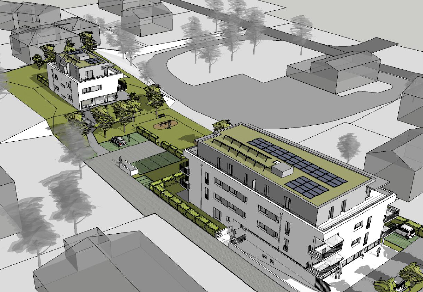 Luftbild eines Wohngebäudekomplexes mit Solardach