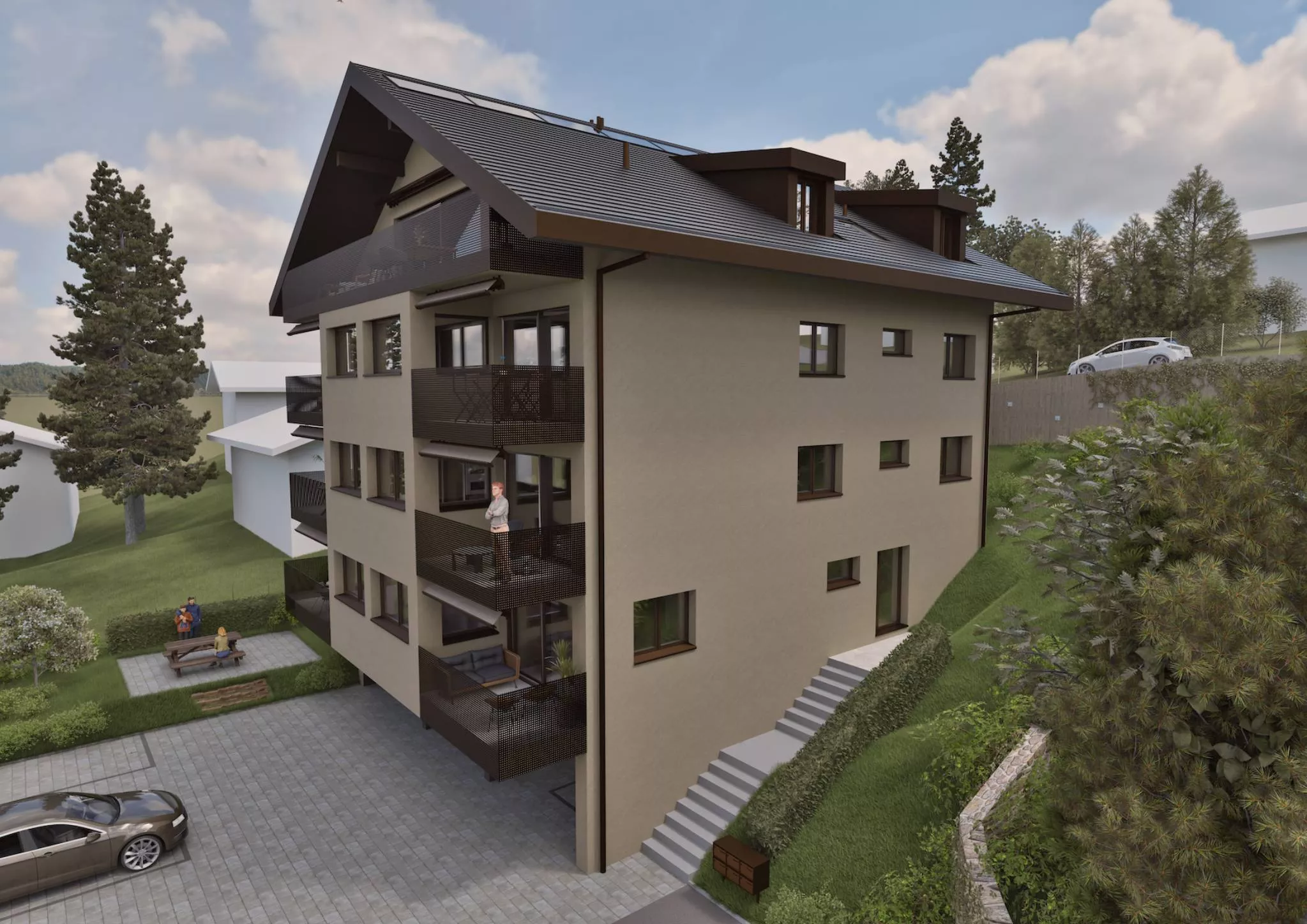Modernes Mehrfamilienhaus mit Balkon und Garten