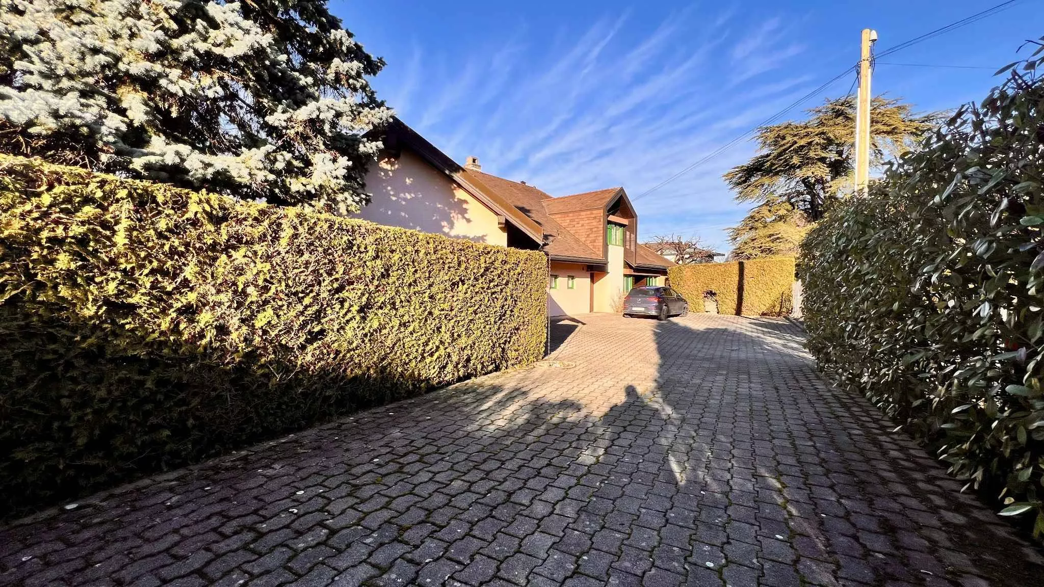 Zufahrt zu einem Wohnhaus mit großer Hecke
