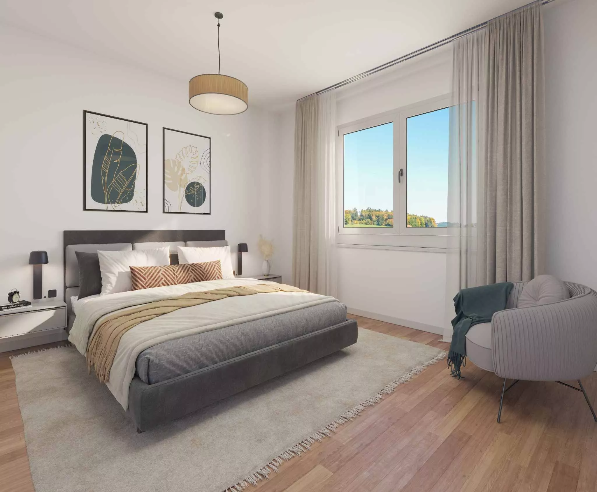 Helles, modernes Schlafzimmer mit Naturblick