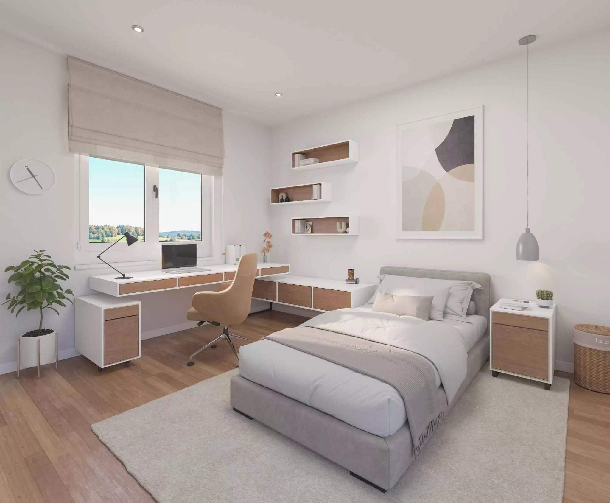 Helles, modern eingerichtetes Schlafzimmer mit Arbeitsbereich