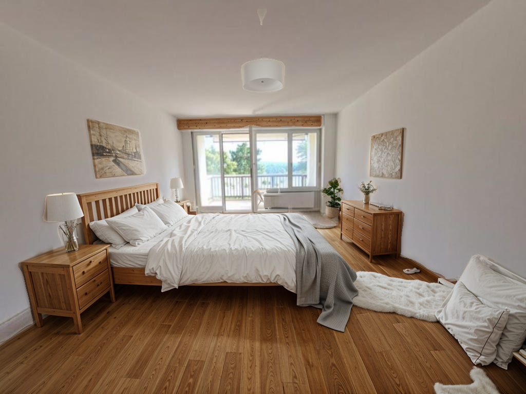 Helles Schlafzimmer mit Holzmöbeln und Balkonblick