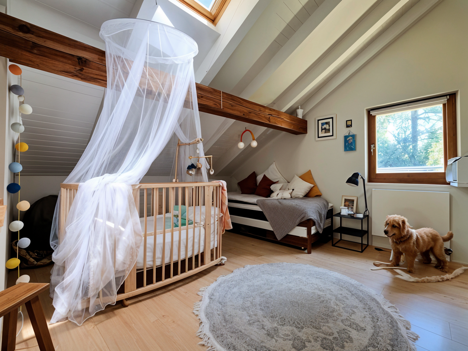 Gemütliches Dachgeschoss-Kinderzimmer mit Wiege und Hund