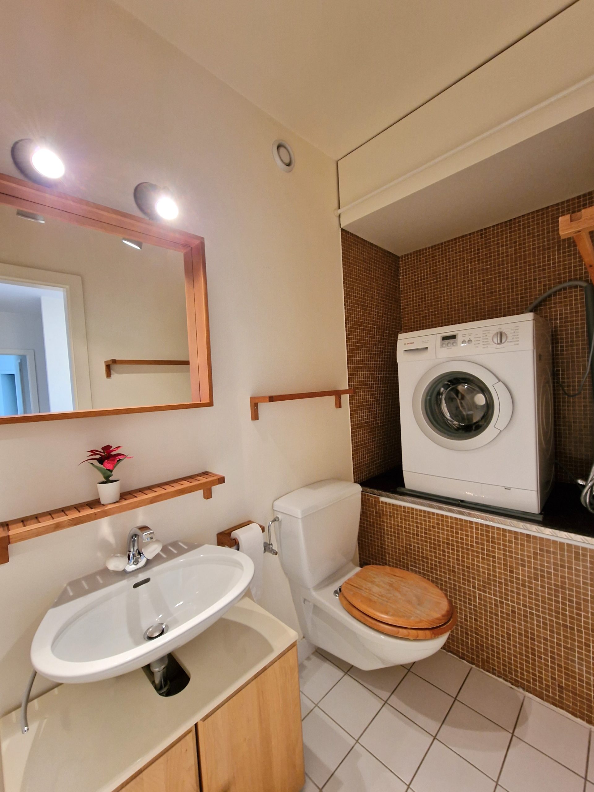 Badezimmer mit Waschbecken, Toilette und Waschmaschine