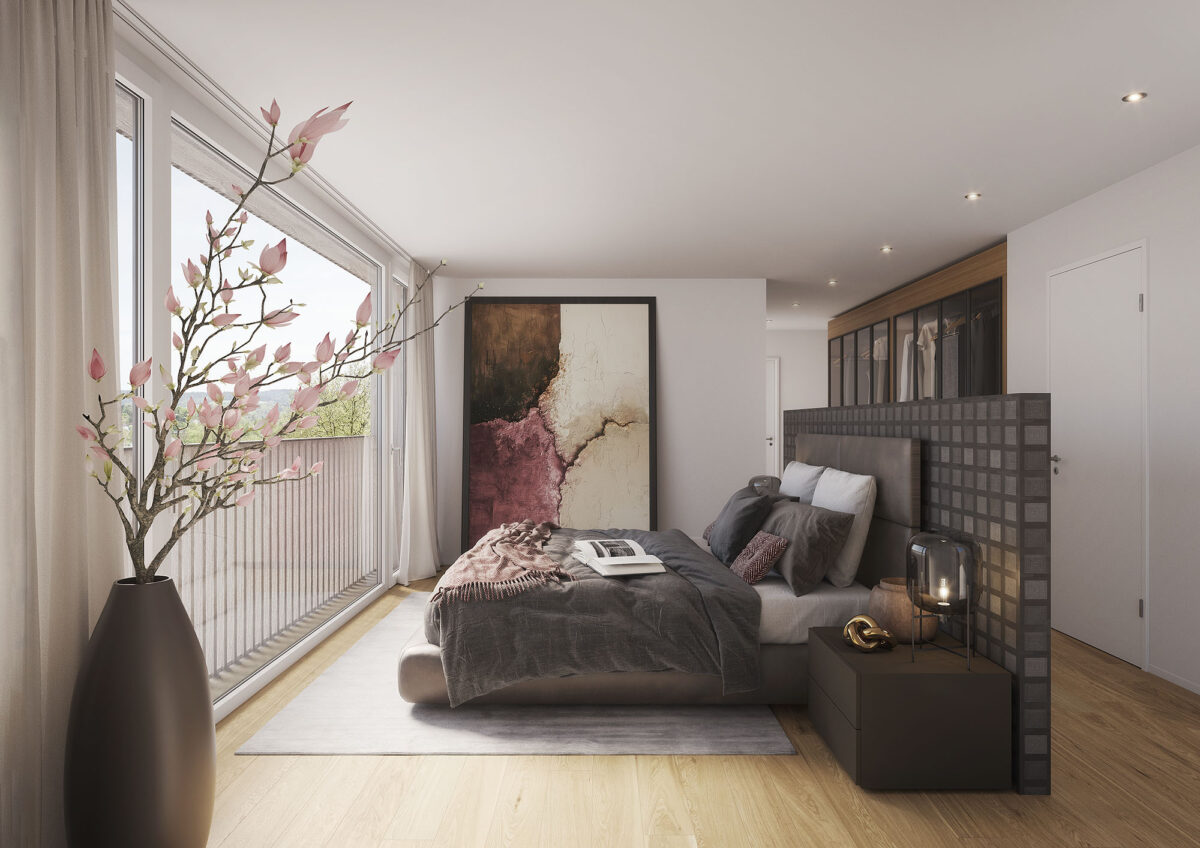 Modernes Schlafzimmer mit Balkonzugang