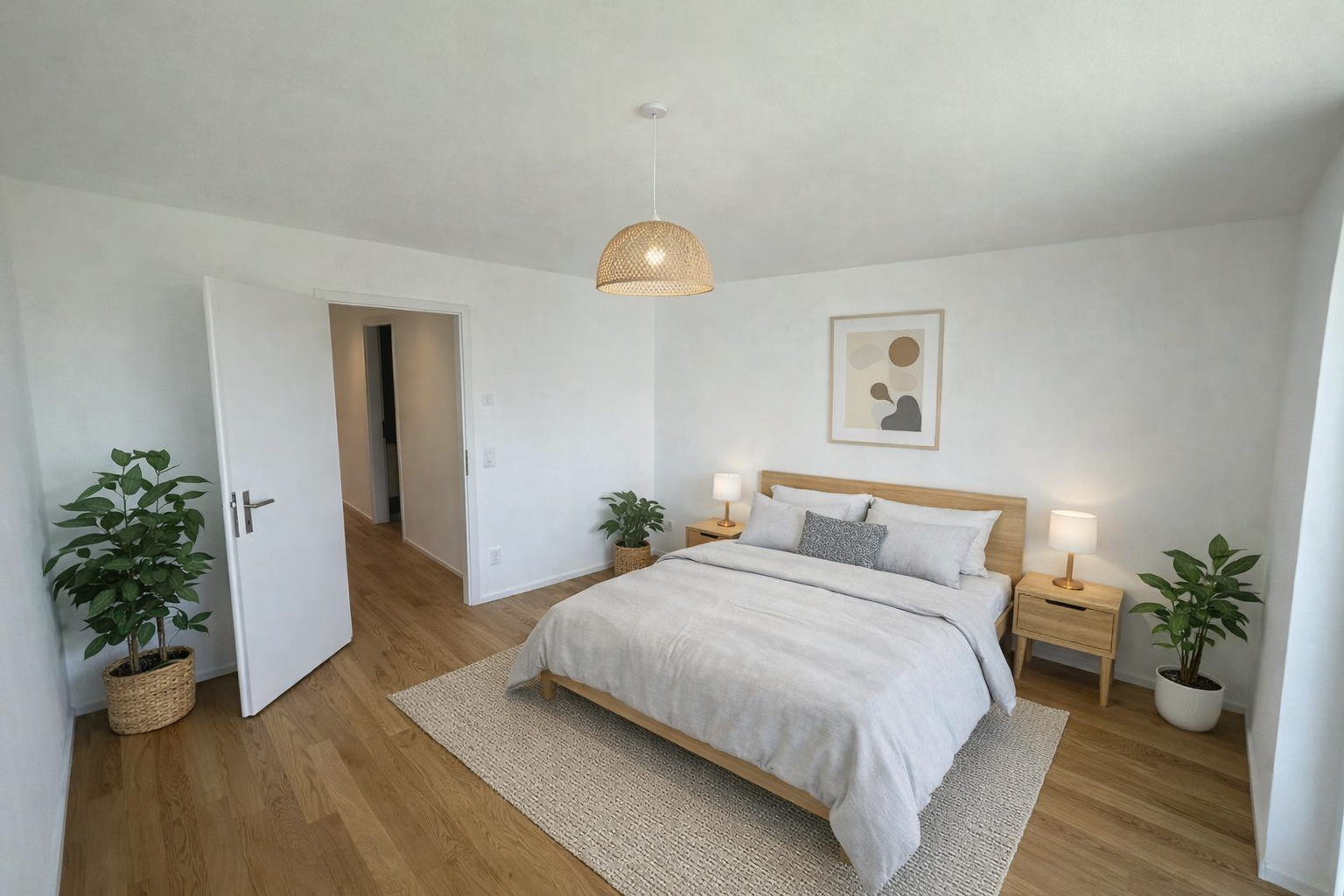 Helles, minimalistisches Schlafzimmer mit Doppelbett