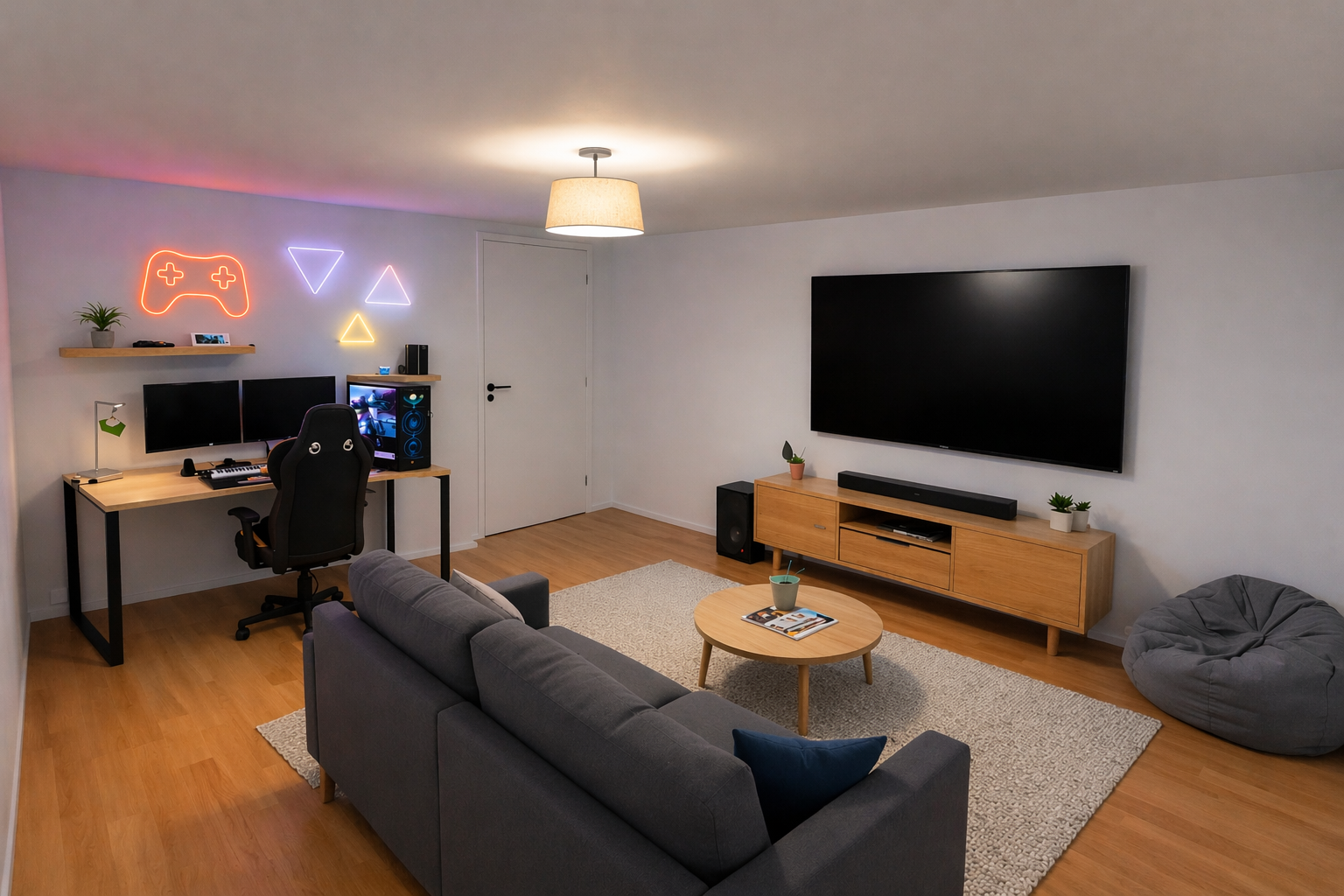 Modernes Wohn- und Arbeitszimmer mit Gaming-Setup