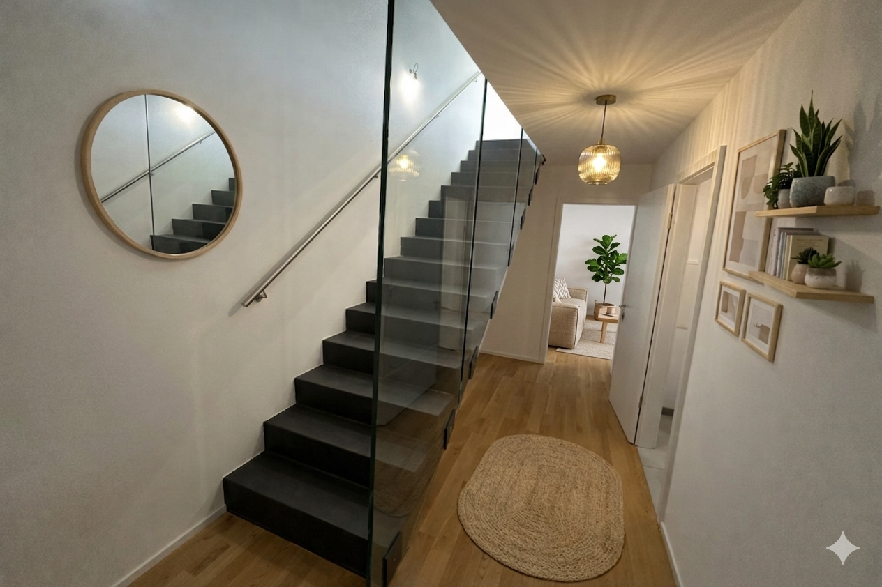 Heller Flur mit Treppe und dekorativer Wandgestaltung