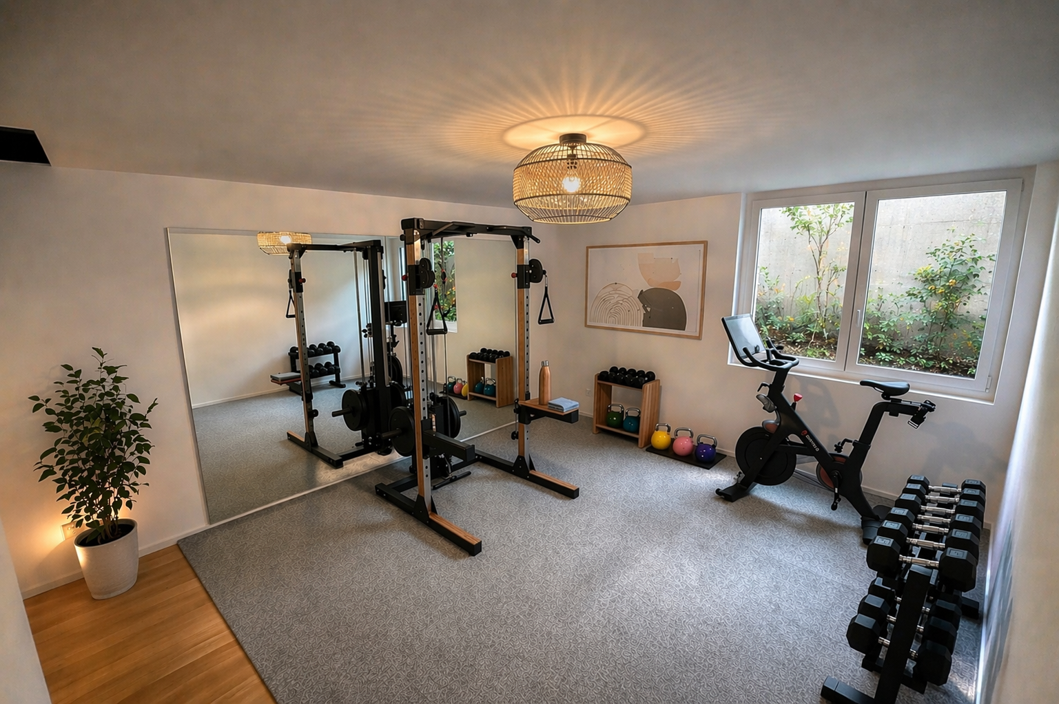 Fitnessraum mit Trainingsgerät und Hanteln