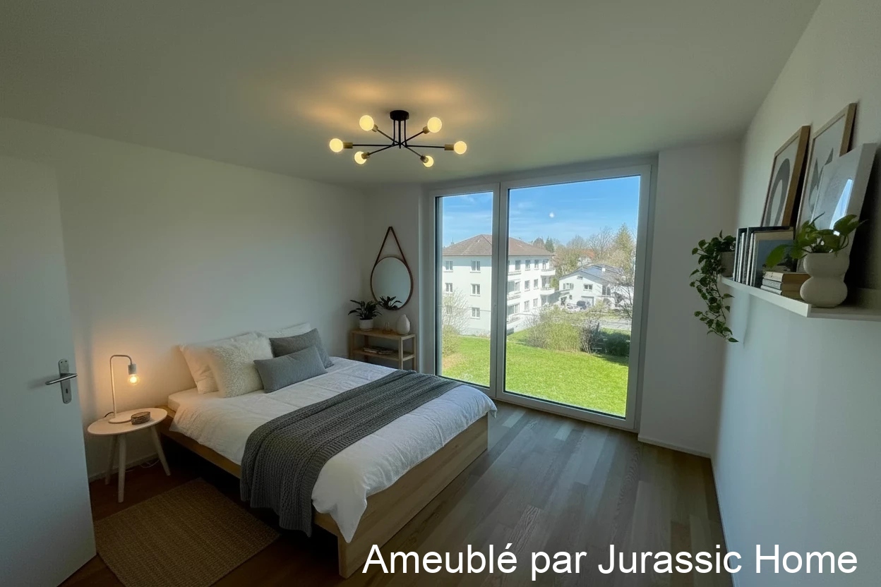 Modernes Schlafzimmer mit großem Fenster