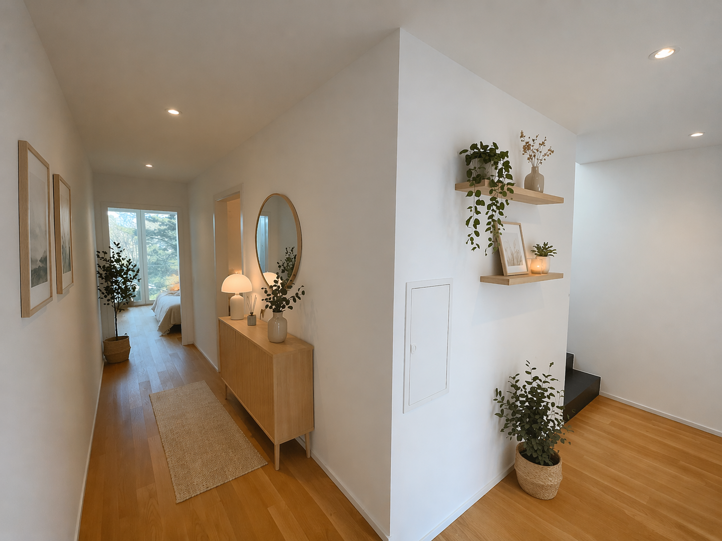 Heller Flur mit Blick ins Schlafzimmer