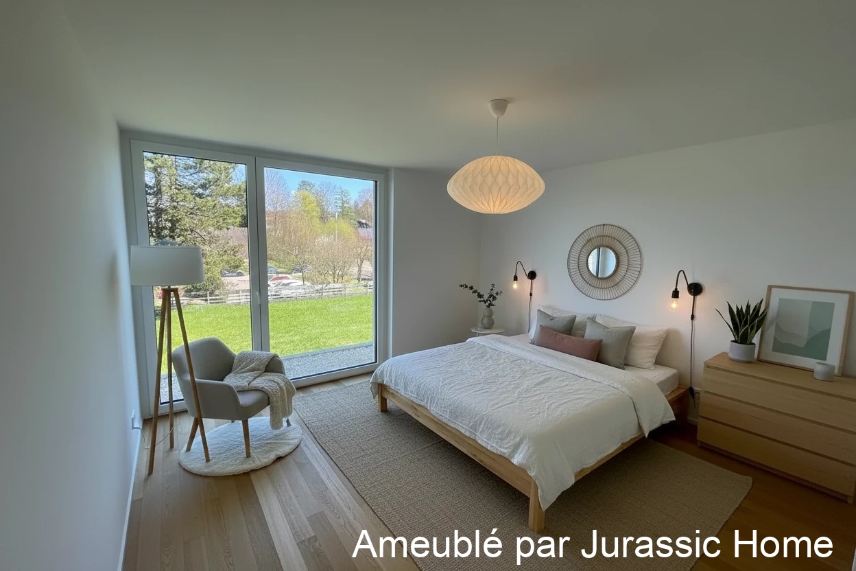 Helles, möbliertes Schlafzimmer mit Gartenblick