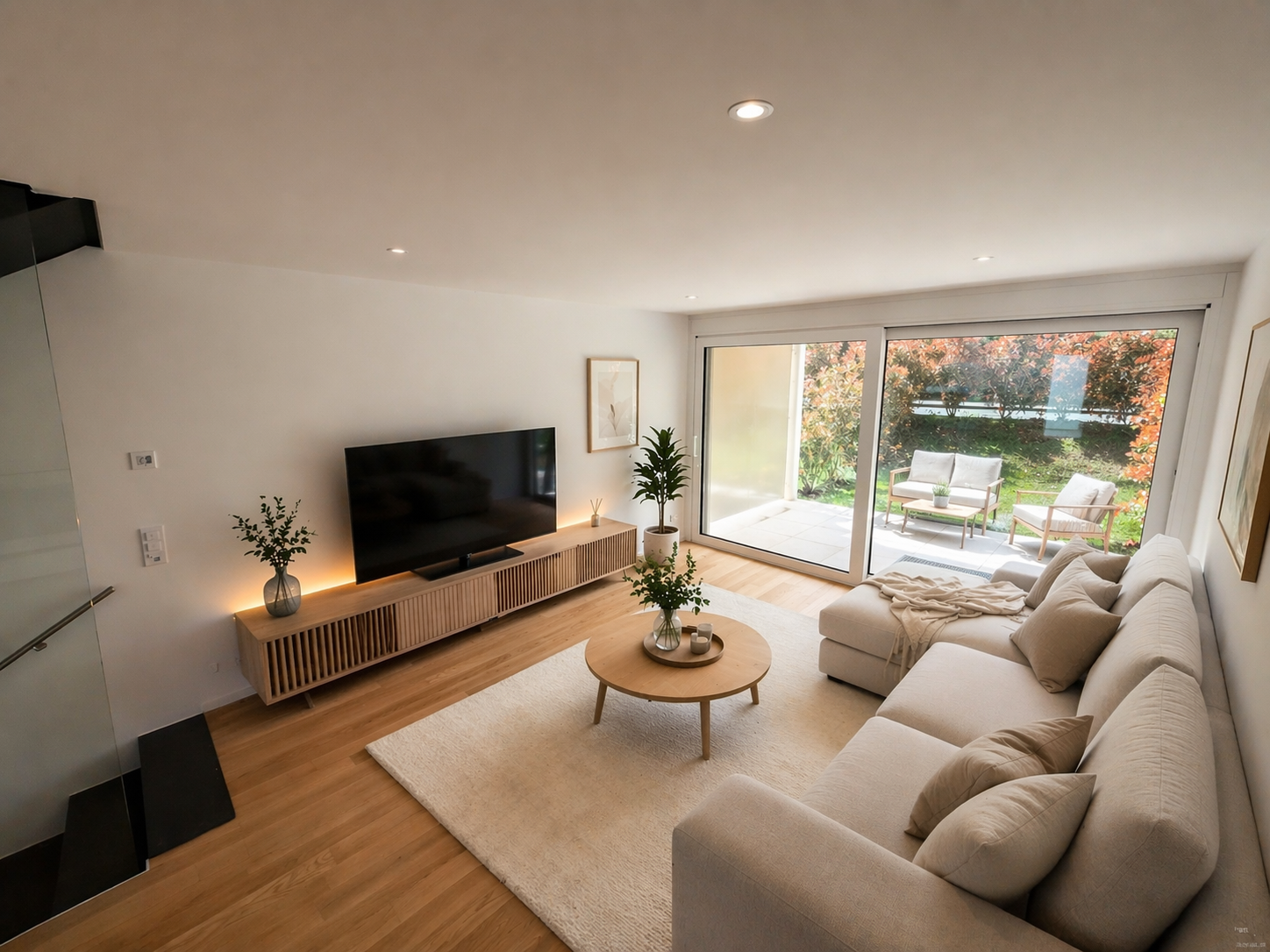 Helles, modernes Wohnzimmer mit Zugang zur Terrasse