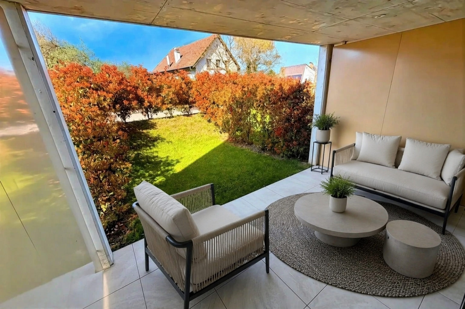Überdachte Terrasse mit Blick in den Garten