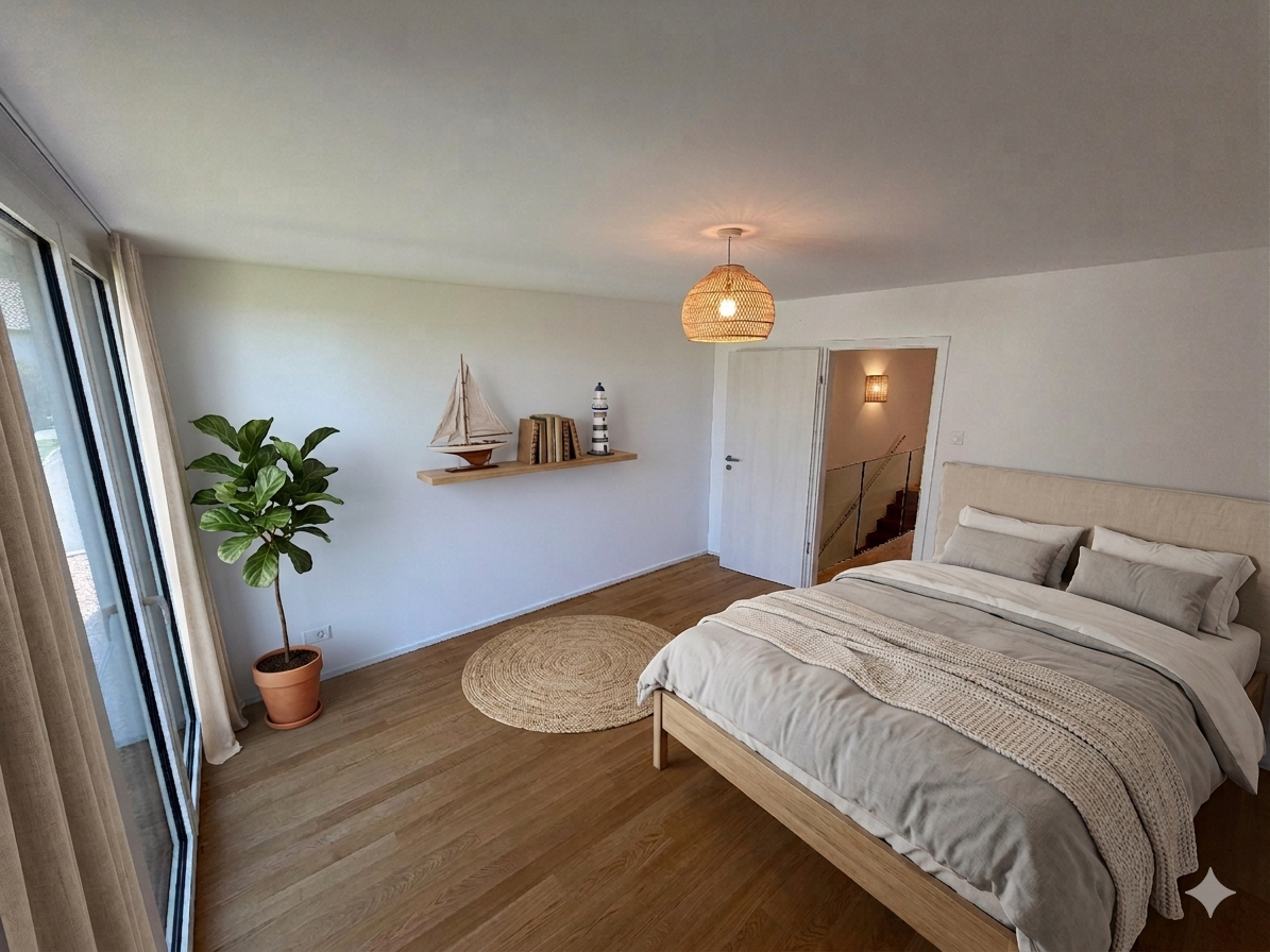 Helles Schlafzimmer mit natürlicher Einrichtung