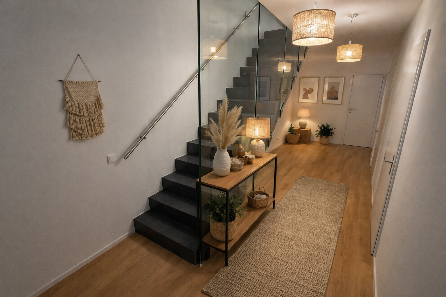 Moderner Flur mit Treppe und dekorativer Einrichtung