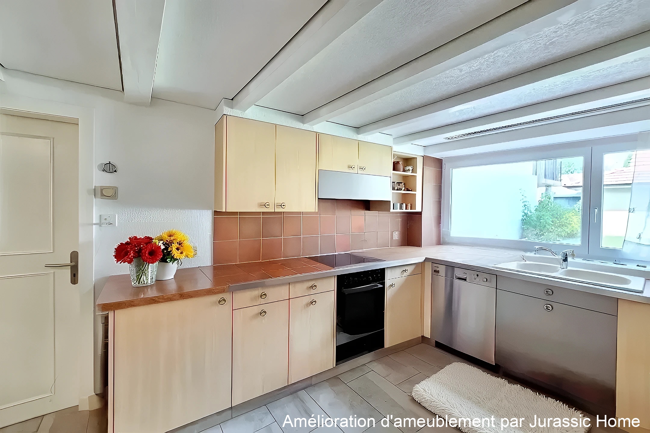 Kleine helle Küche mit Fensterfront