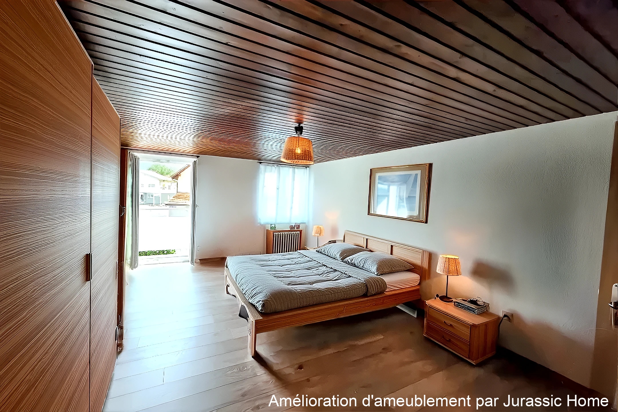 Schlafzimmer mit Holzmöbeln und Balkonzugang
