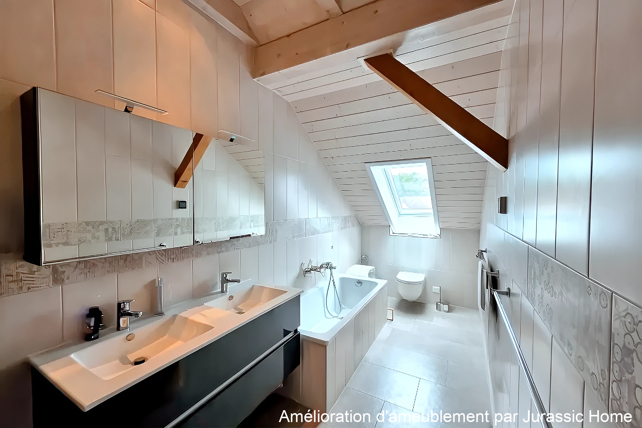 Dachgeschoss-Badezimmer mit Badewanne und Doppelwaschtisch
