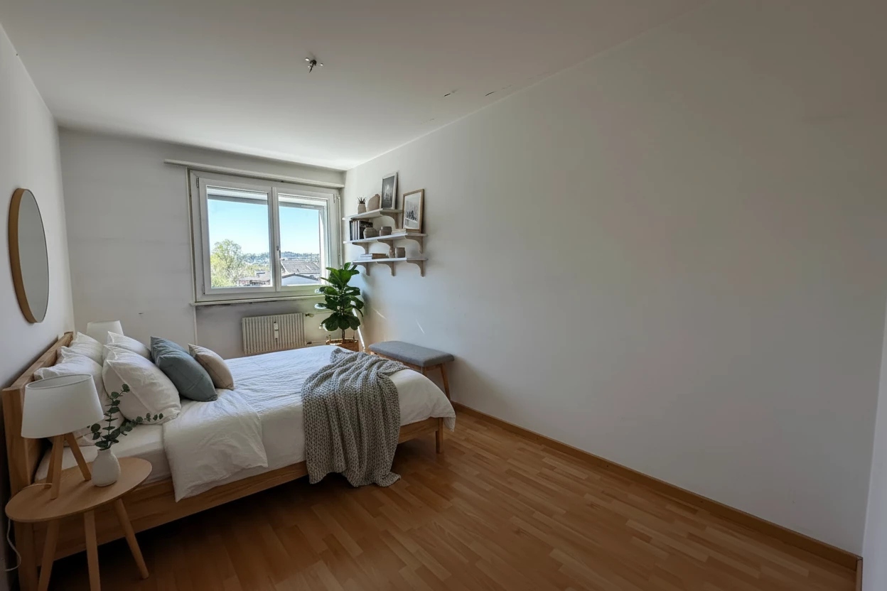 Helles Schlafzimmer mit natürlichem Tageslicht