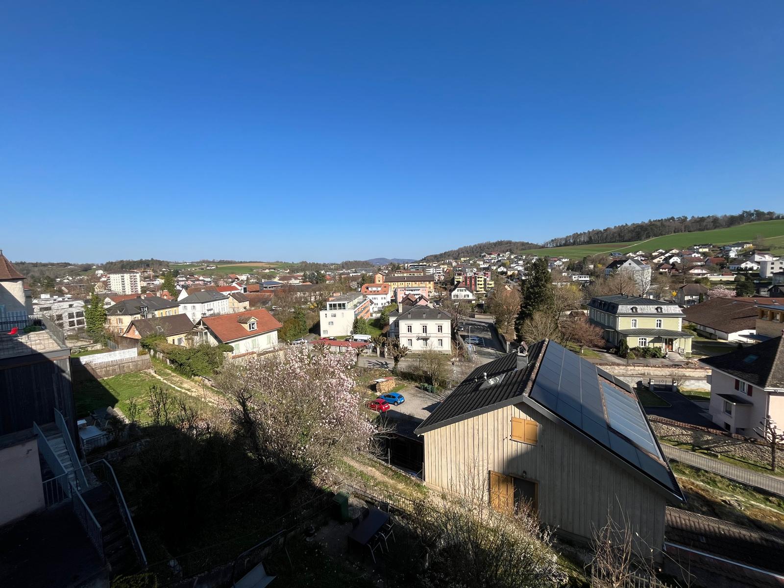 Blick über ein Wohnviertel mit Hügeln
