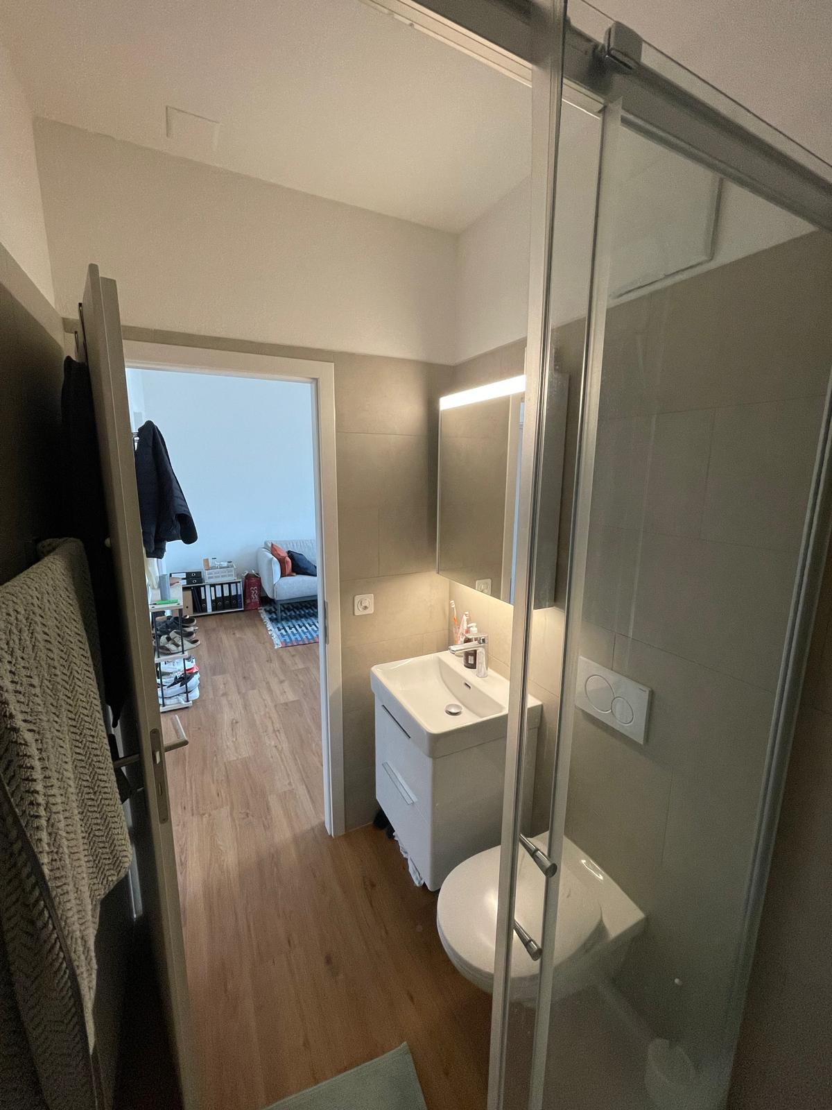 Modernes Badezimmer mit angrenzendem Wohnbereich