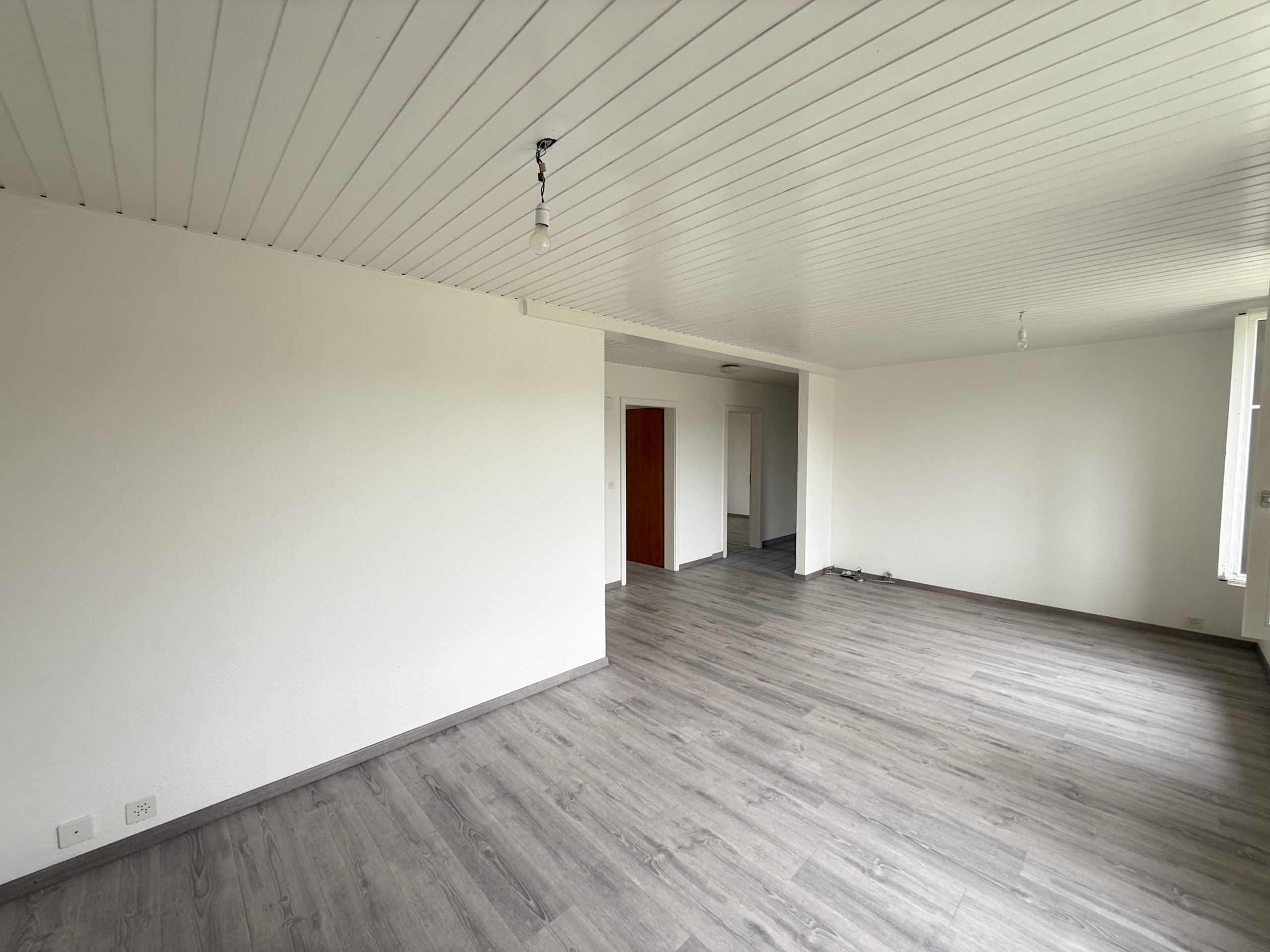 Leerer Wohnraum mit Holzoptik-Boden