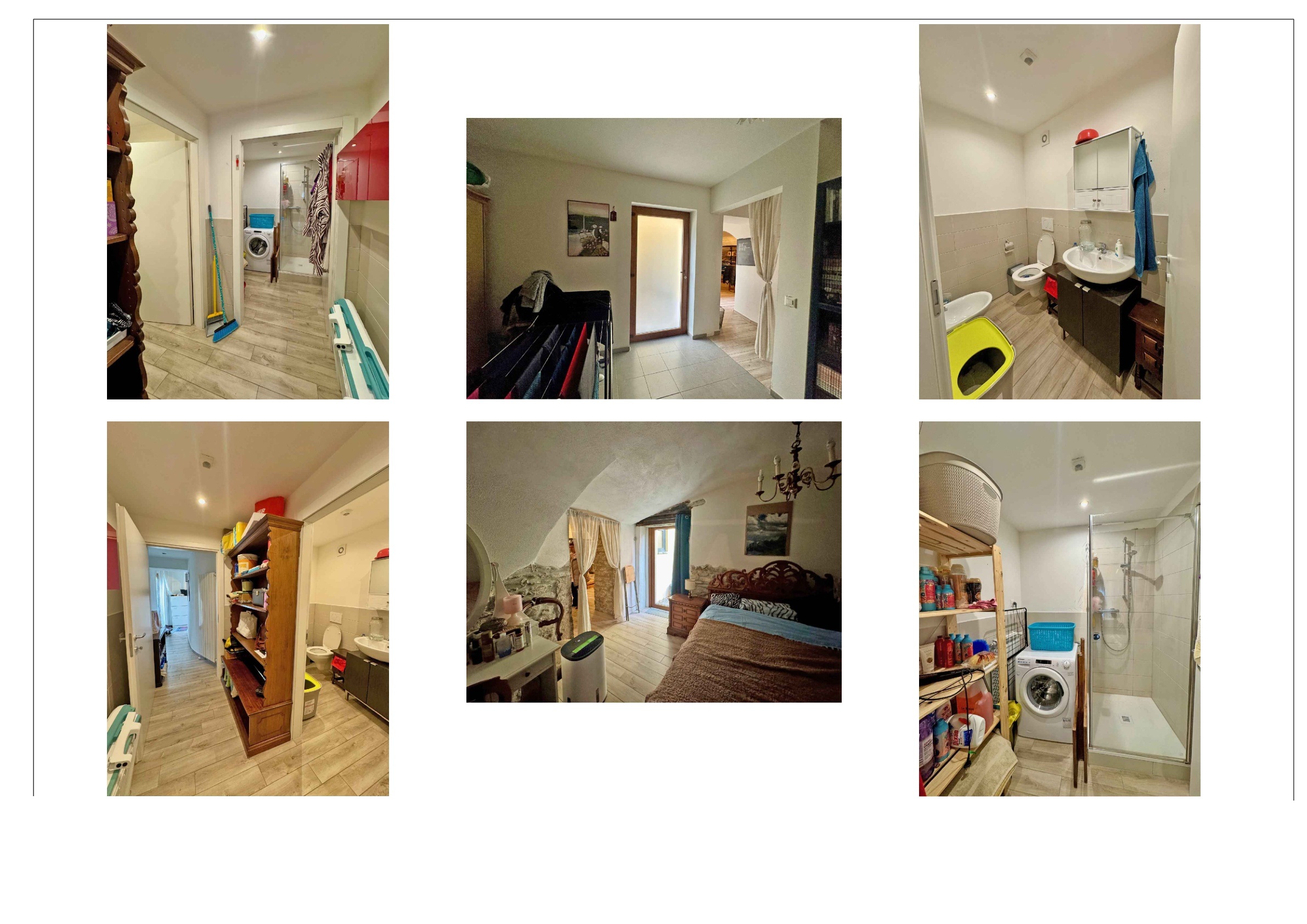 Mehrere Innenansichten einer kleinen Wohnung mit Bad, Schlafzimmer und Flur