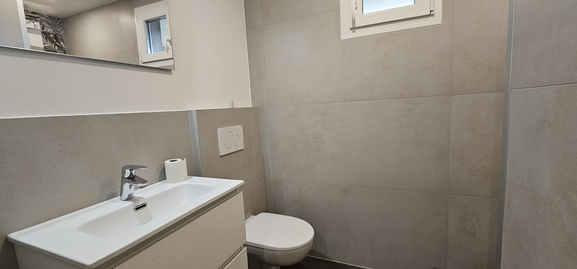 Modernes Gäste-WC mit Waschbecken und Wand-WC